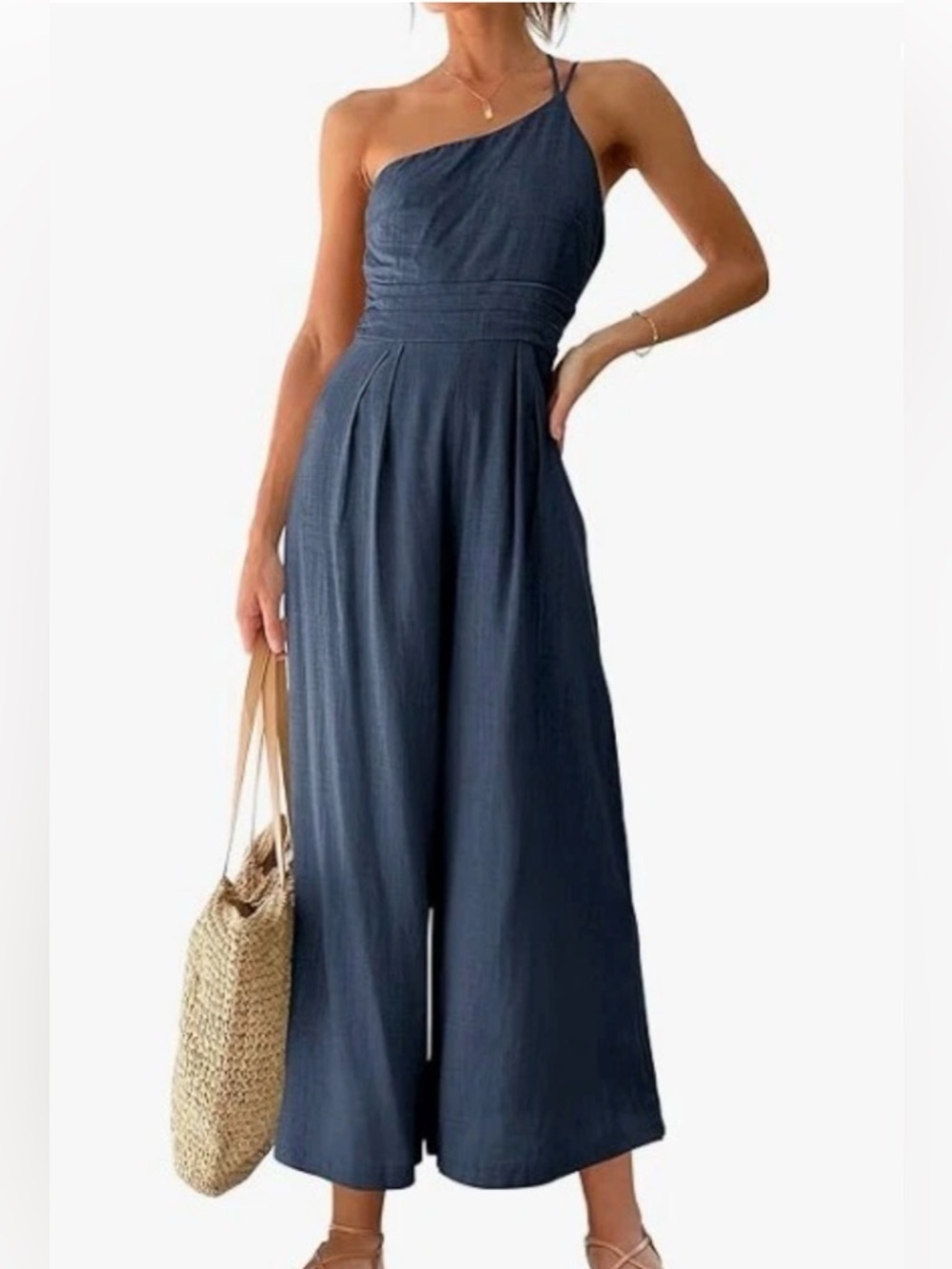 One Shoulder Linen Blend Jumpsuit Shirred Back Size Small  | Slate Blue Gray